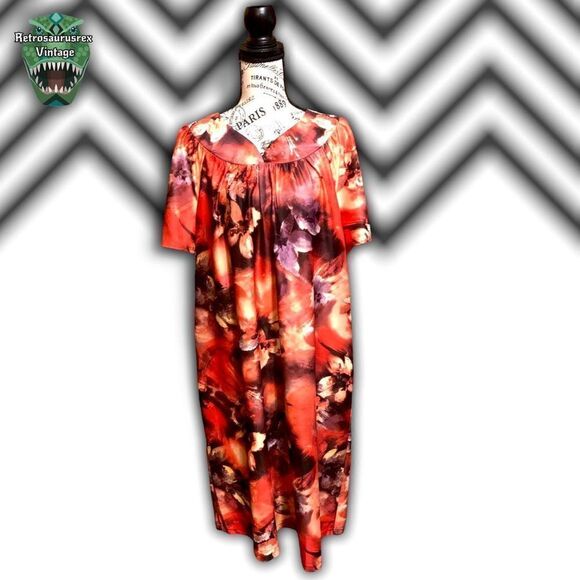 Vintage Hippie Burnt Orange Hawaiian Floral Anthony Richards Caftan Dress, large - Picture 5 of 7